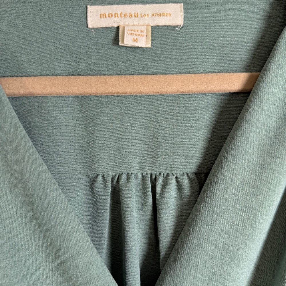 Monteau Jumpsuit Womens Medium Sage Green Wrap V-Neck Puff Sleeve Wide Leg Boho - Picture 2 of 9